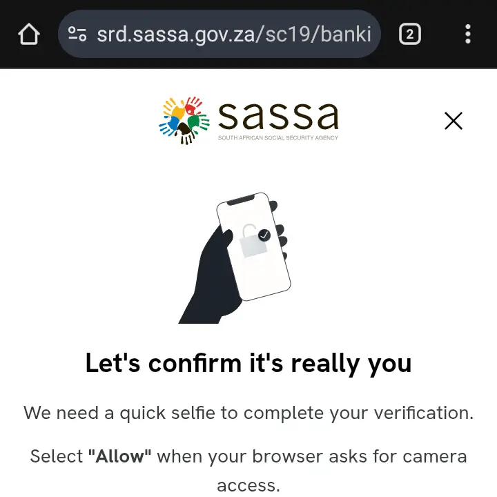 Allowing camera access for the SASSA facial recognition verification.