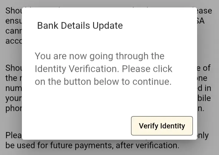 SASSA identity verification pop-up before changing banking details.