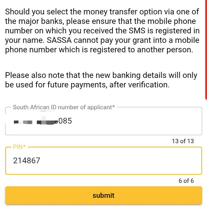 Entering the 6-digit OTP to verify identity for changing SASSA bank details.
