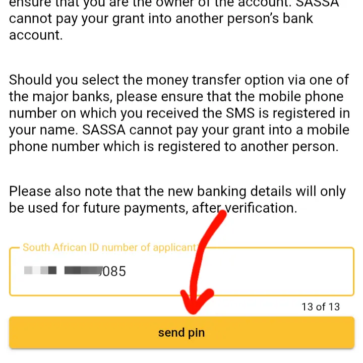 Entering ID number to begin the sassa bank details update process.