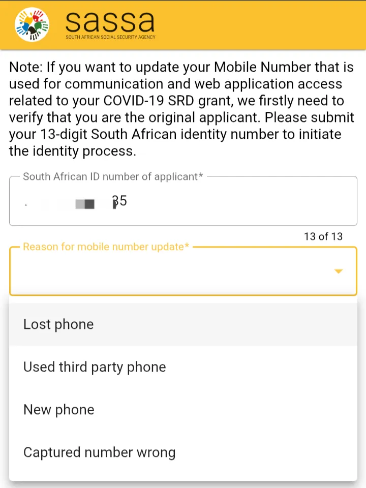 Entering ID number and reason to start the sassa srd change phone number process.