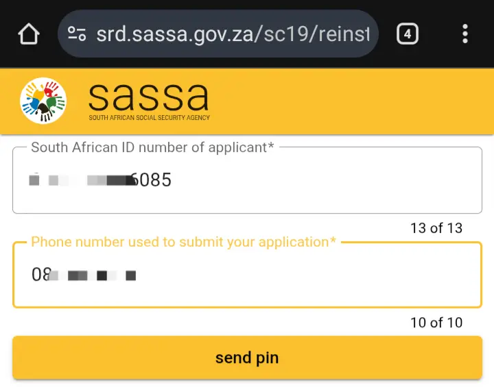 The official SASSA website page for the SASSA SRD reinstate process.