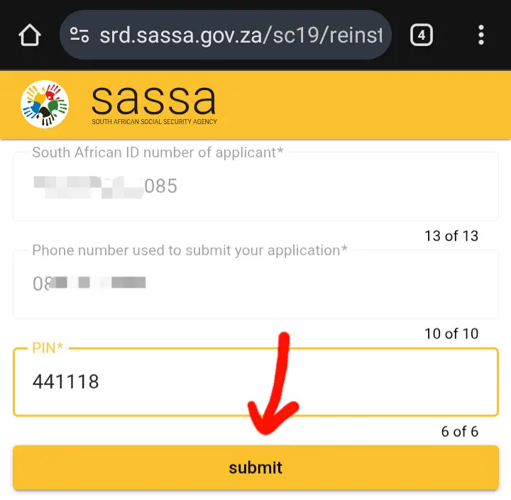 Entering the 6-digit OTP to verify identity for reinstating a cancelled SRD grant.