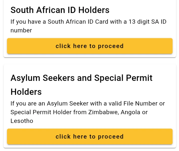 Selecting the application option for South African ID holders on the SASSA website.