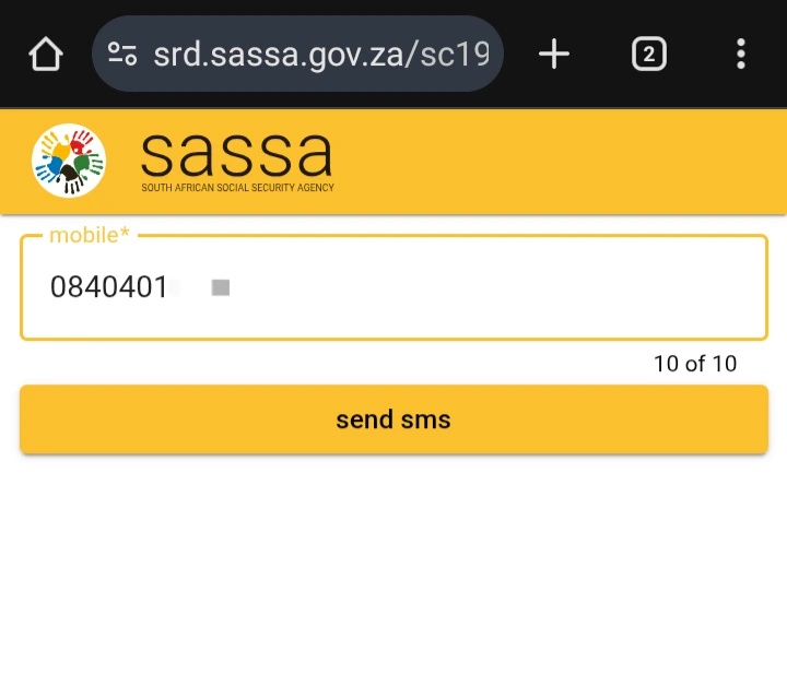 Entering a mobile number to start the SASSA online application.