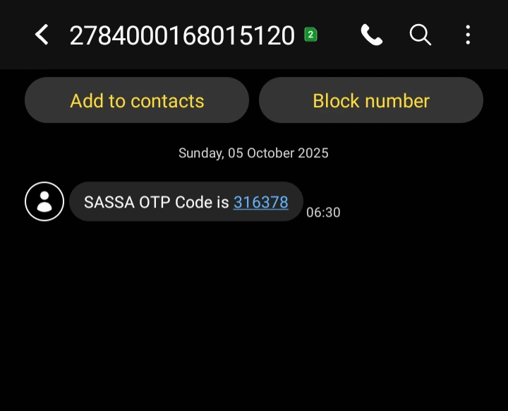 Example of the six-digit SMS OTP from SASSA.