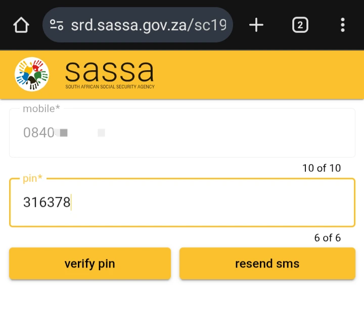 Entering the 6-digit OTP to verify the mobile number for the SRD application.