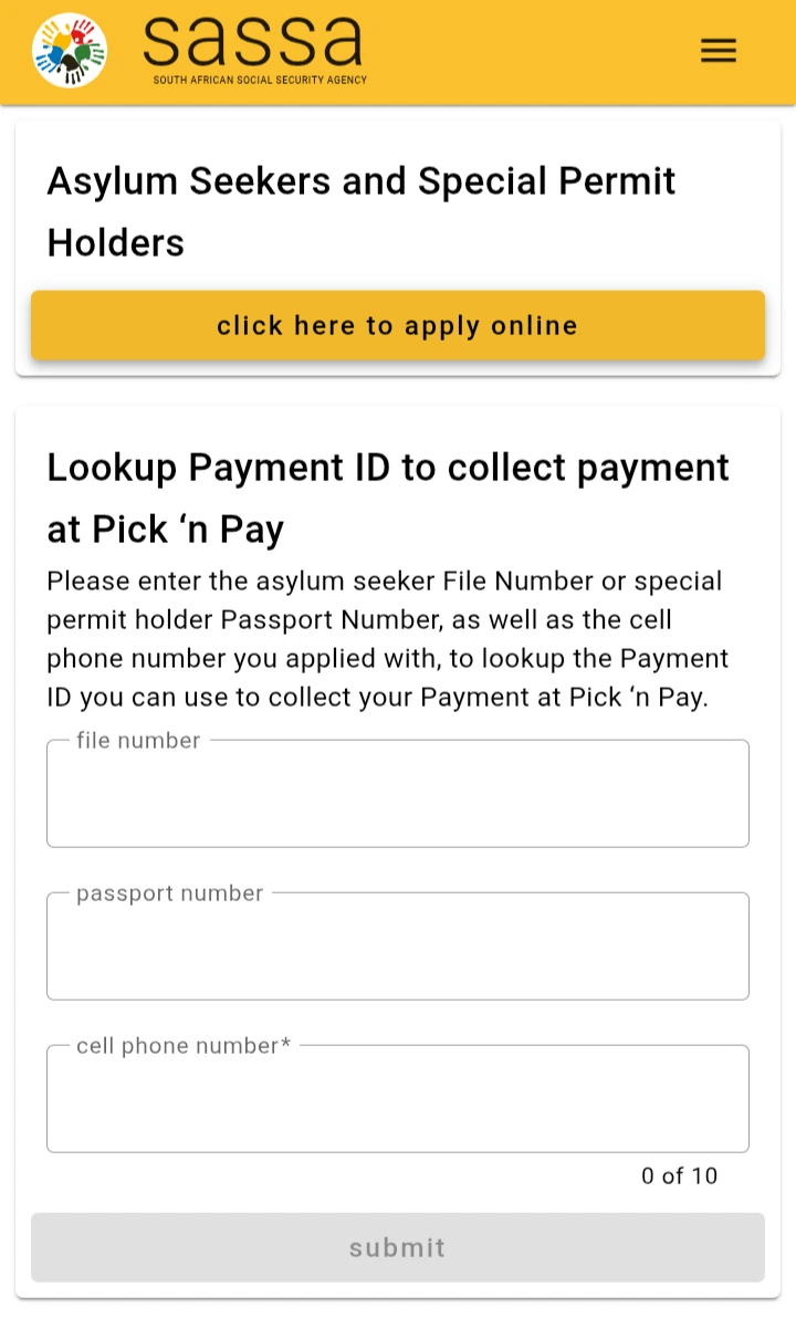 The application page for Asylum Seekers and Special Permit Holders.