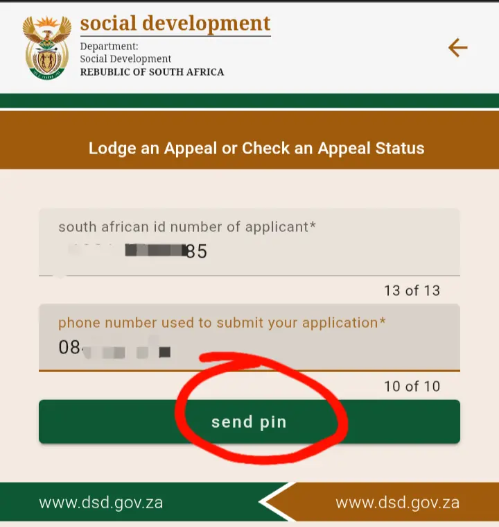 Entering ID number and phone number to start the sassa appeal online.