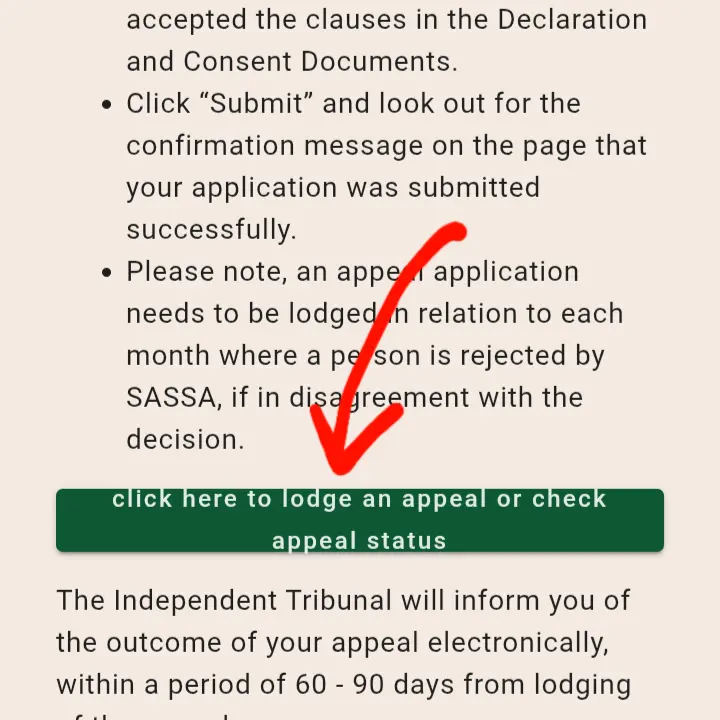 The green link on the SASSA page to lodge an appeal or check appeal status.