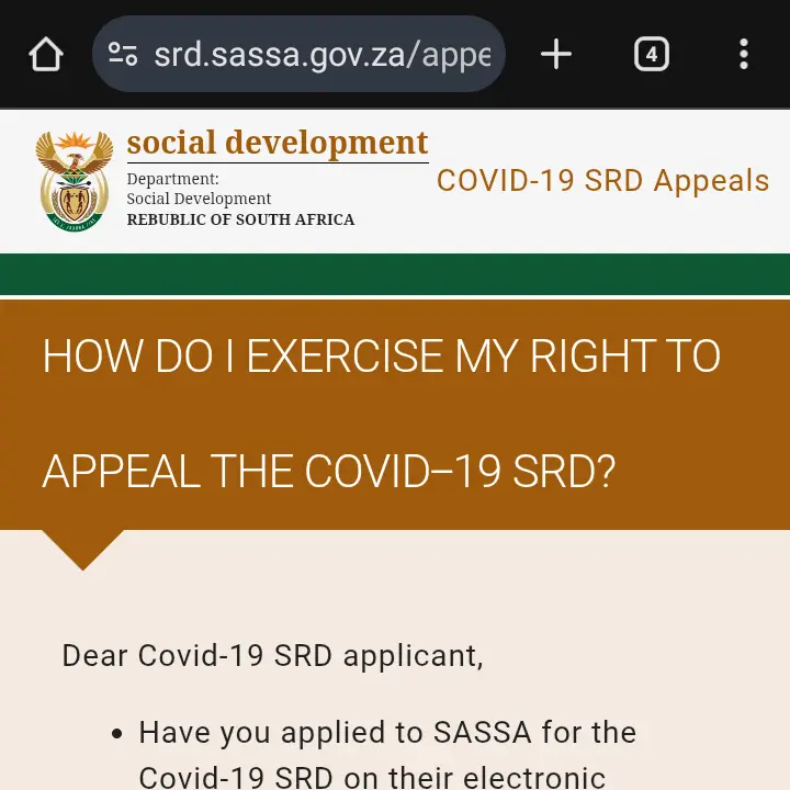 The official SASSA SRD appeal electronic platform homepage.