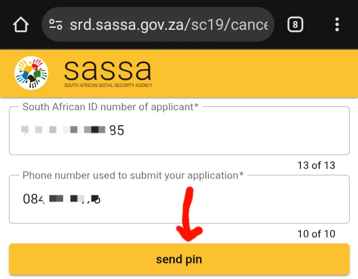 Entering ID and phone number to begin the process to cancel my srd application.