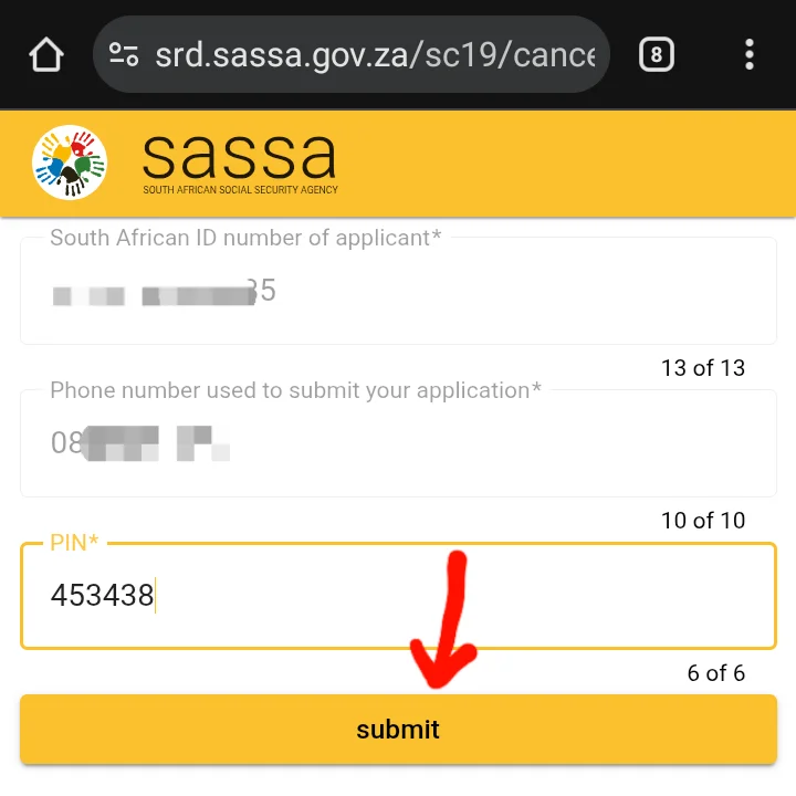 Entering the 6-digit OTP to verify identity for grant cancellation.