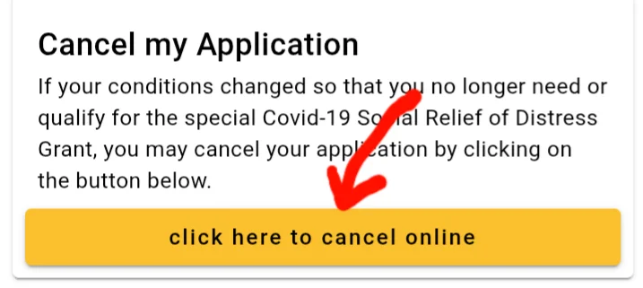 Clicking the yellow button on the SASSA website to cancel an SRD application.