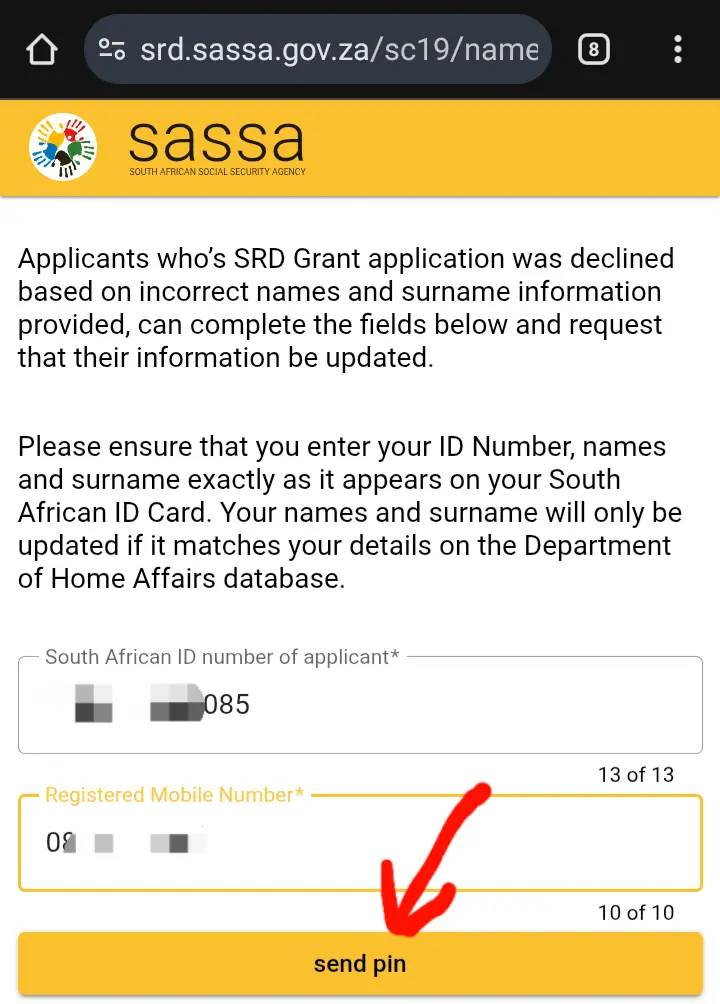 The official SASSA website page for the SASSA SRD name update process.