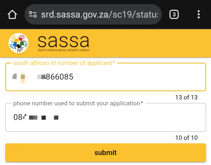 Entering ID number and phone number for the srd status check.