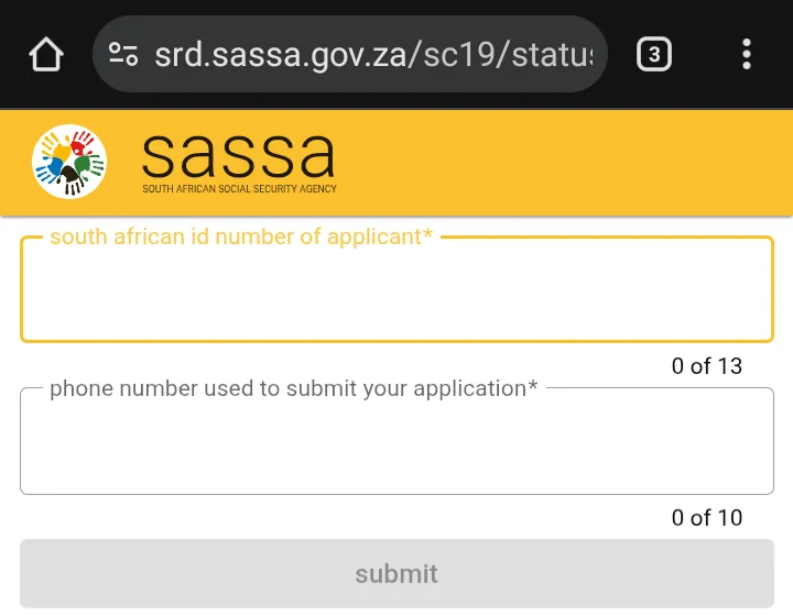 The official SASSA SRD status check online page.
